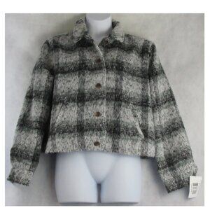 And Now This Women's Cropped Eyelash Shirt Jacket Shacket, Gray Multi Plaid, XL